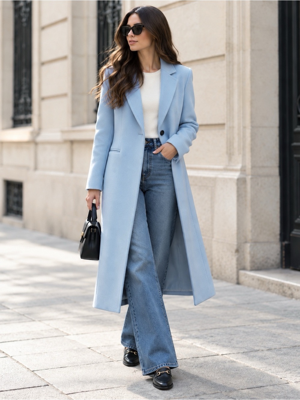 NWT ZARA Wool Collection Italian Fabric Fitted Long Coat in Powder Blue Sz S